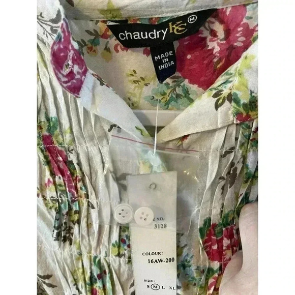 NWT Chaudry KC Floral Blouse Size M Ruched Long Sleeve Cotton Boho India Hippie - Picture 4 of 6